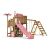 Dark wood playset with pink accessories, slide, palm tree, 2 swings and a surf swing